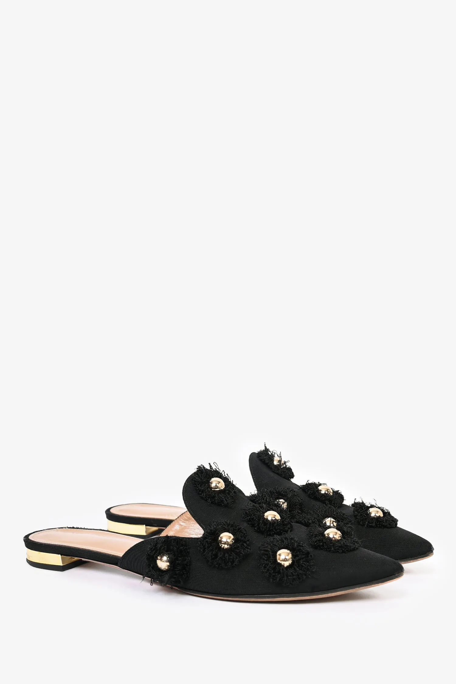 Aquazzura Black Fabric 'Sunflower' Mule Flats Size 38.5