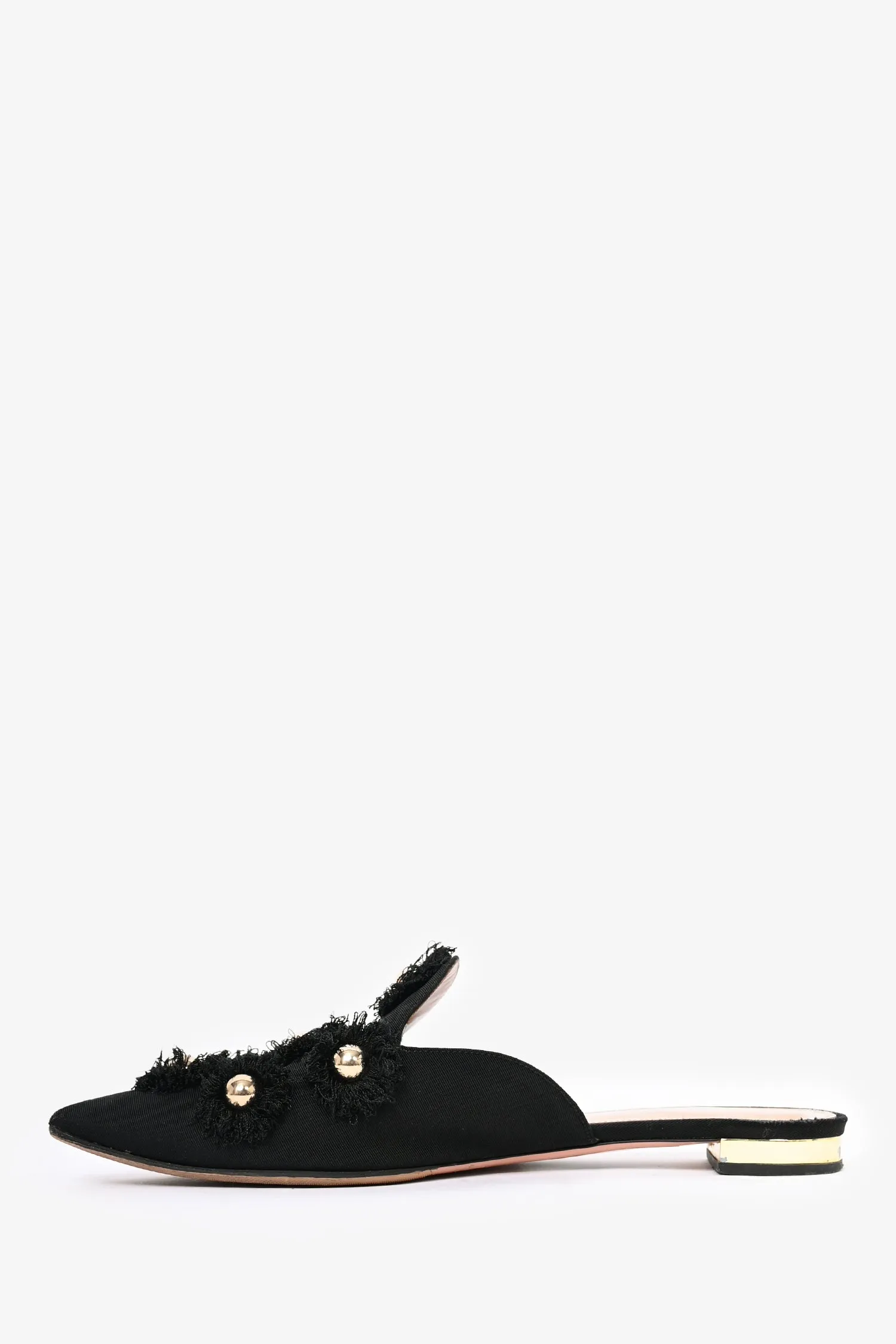Aquazzura Black Fabric 'Sunflower' Mule Flats Size 38.5