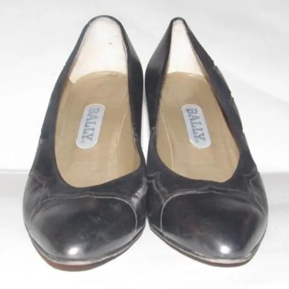 Bally Pewter Leather Black Suede Kitten Heels with Almond Toes