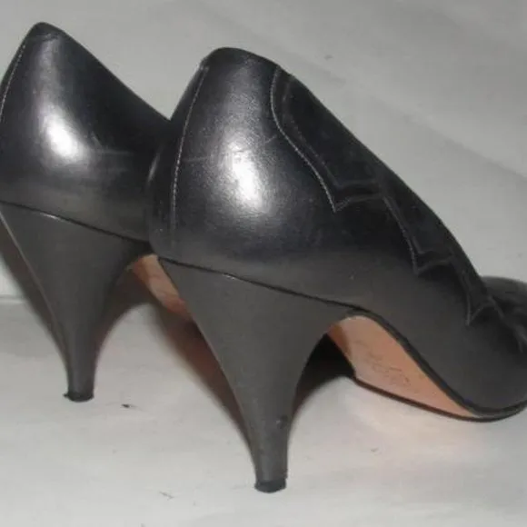 Bally Pewter Leather Black Suede Kitten Heels with Almond Toes