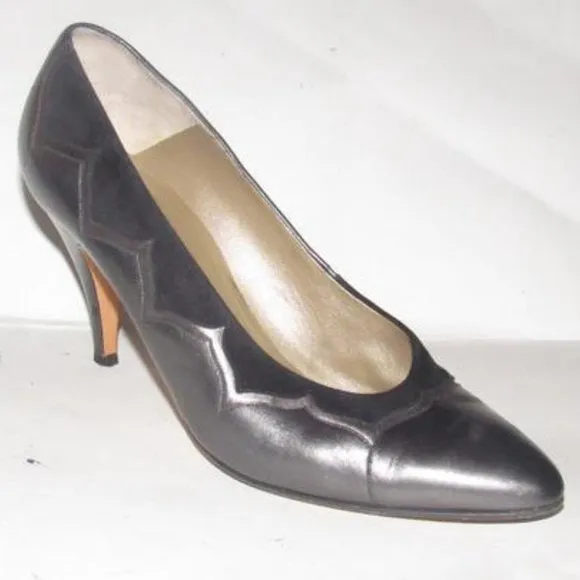Bally Pewter Leather Black Suede Kitten Heels with Almond Toes