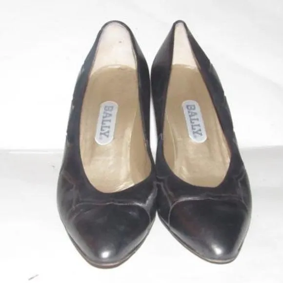 Bally Pewter Leather Black Suede Kitten Heels with Almond Toes