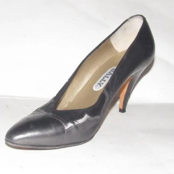 Bally Pewter Leather Black Suede Kitten Heels with Almond Toes