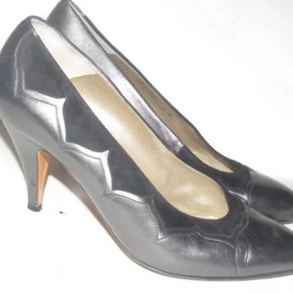 Bally Pewter Leather Black Suede Kitten Heels with Almond Toes