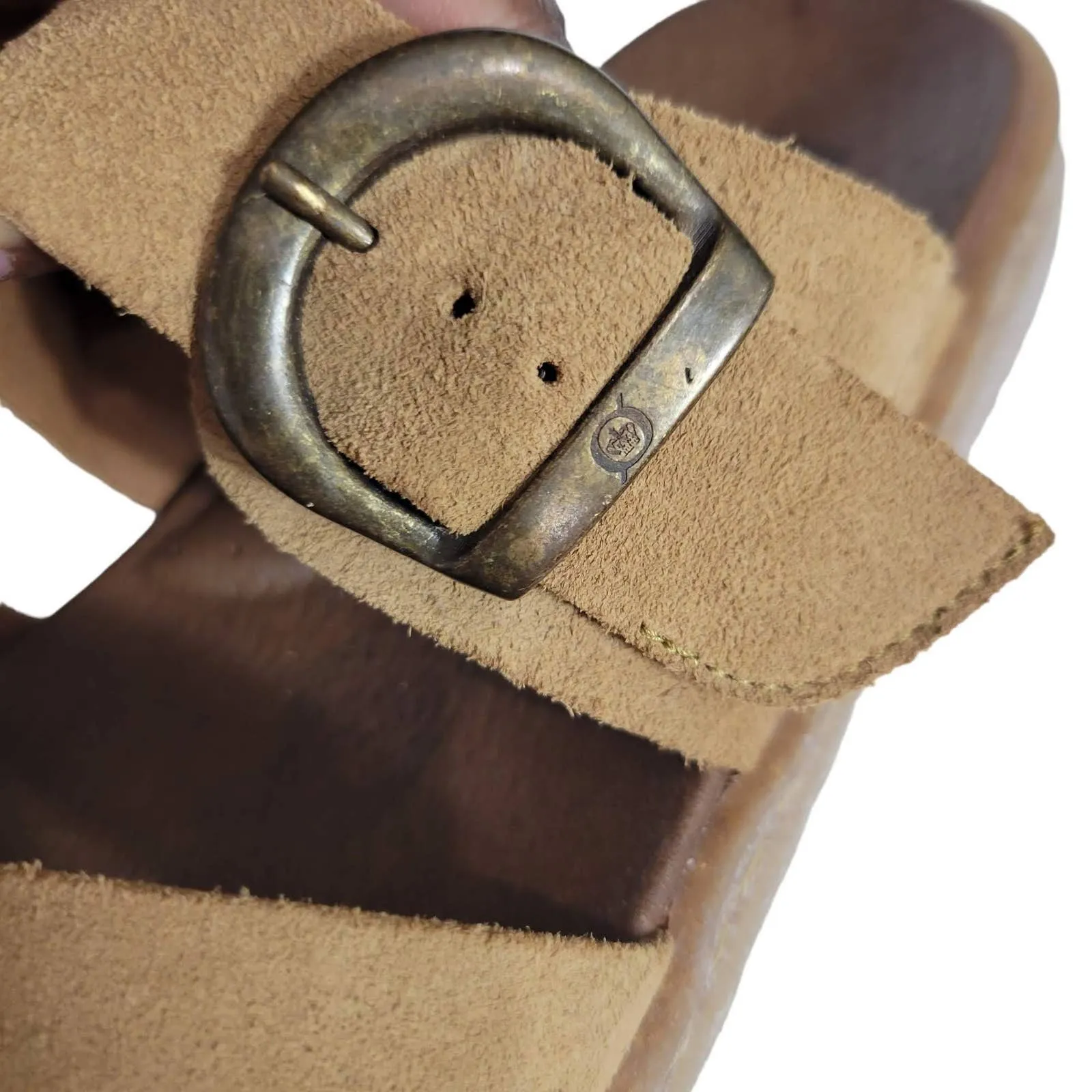Born Caite Sandals Yellow Tan Leather Flats Wide Buckle Straps Slides Slip On Size 8