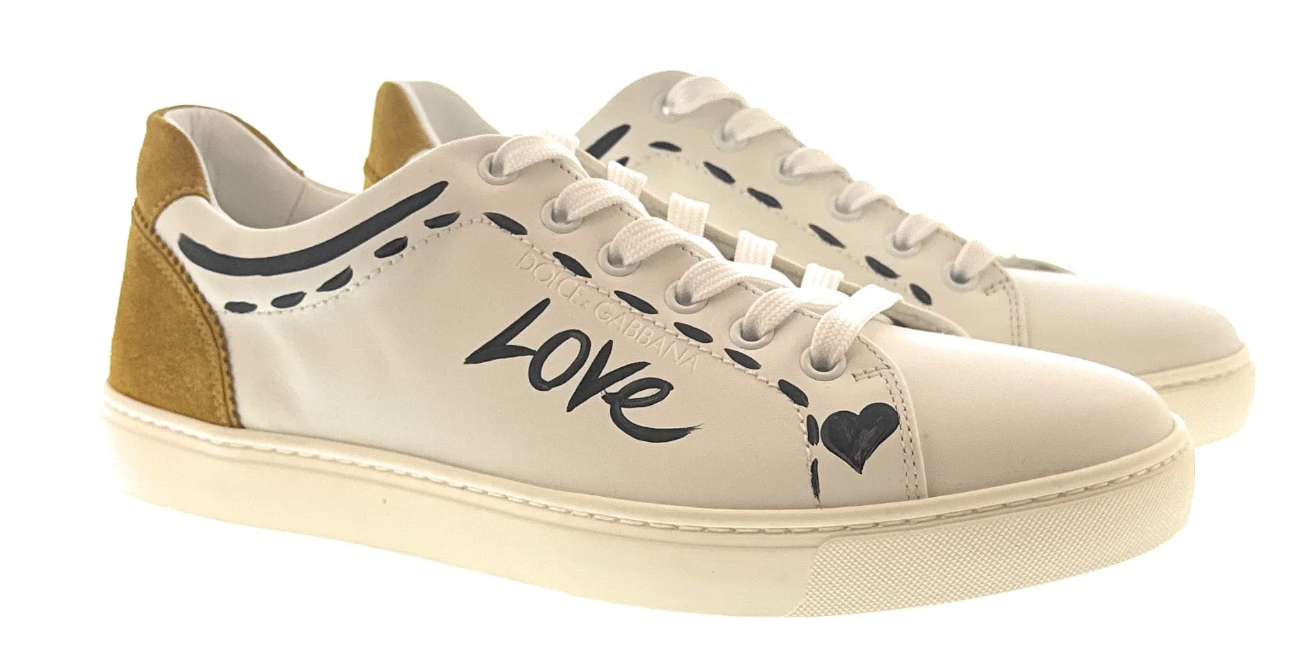 Dolce & Gabbana Men's White Leather Sneakers with "Love" Graffiti Design-EU39