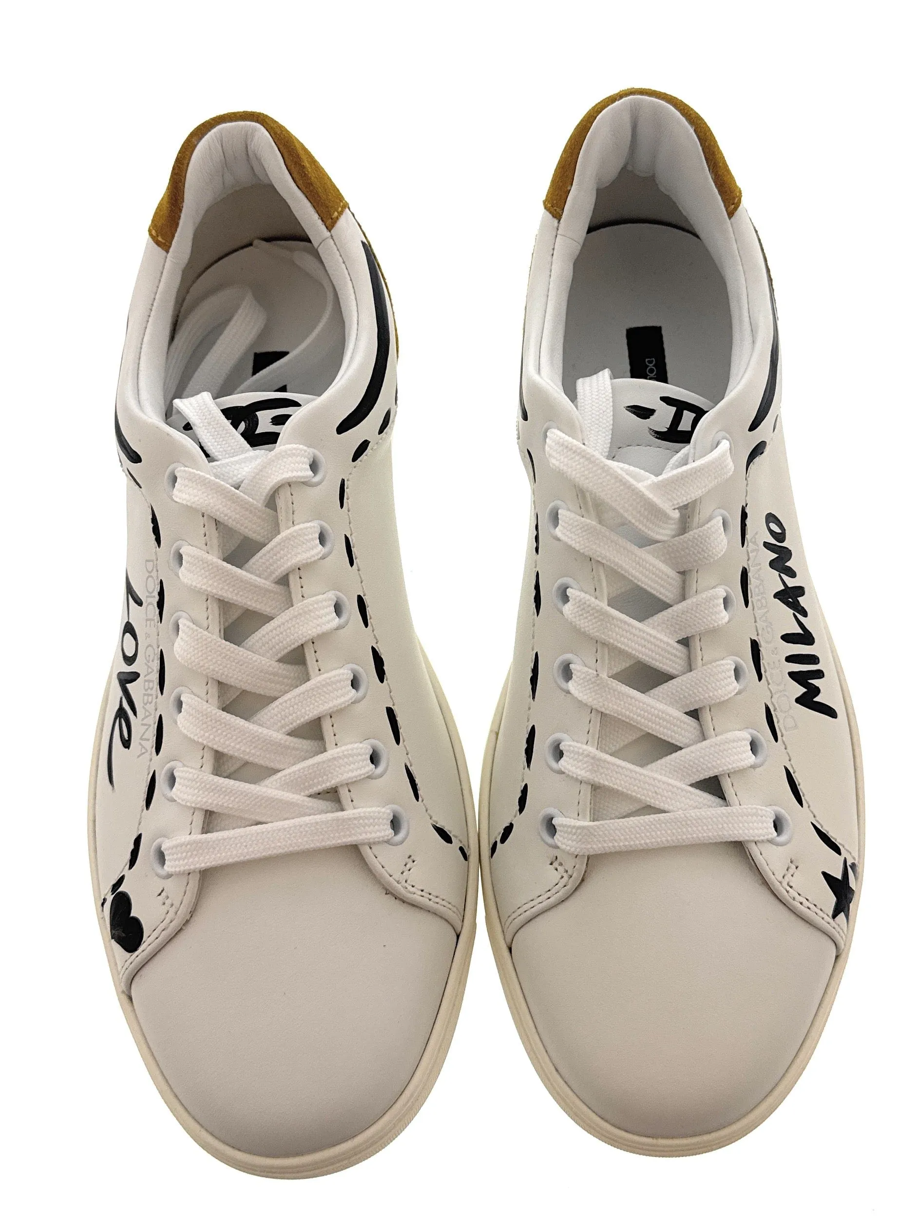 Dolce & Gabbana Men's White Leather Sneakers with "Love" Graffiti Design-EU39