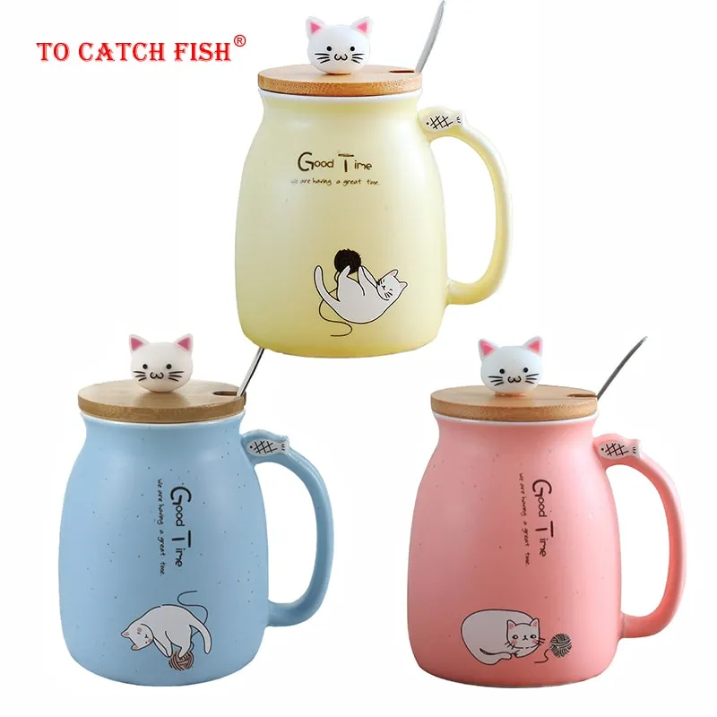 Kawaii Cat Heat-resistant with Cover & Spoon Mug
