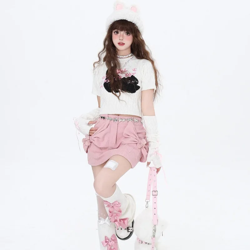Kawaii Sweet Soft Girl Style Cartoon Kitten Embroidered Sweater With Sleeves