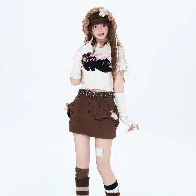 Kawaii Sweet Soft Girl Style Cartoon Kitten Embroidered Sweater With Sleeves