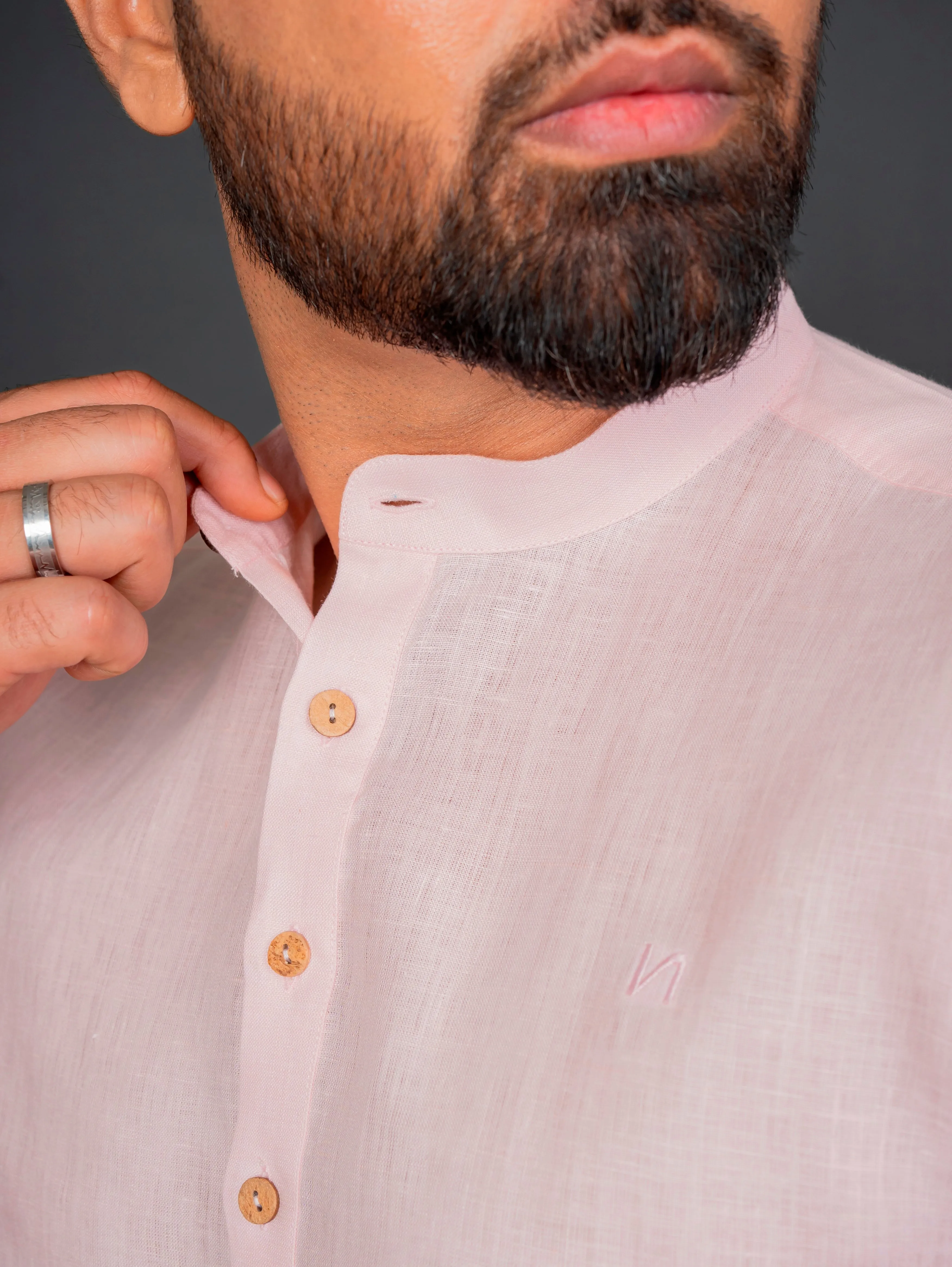 Linen Half Packet Shirt Roll Up Sleeve With Tab & Band Collar