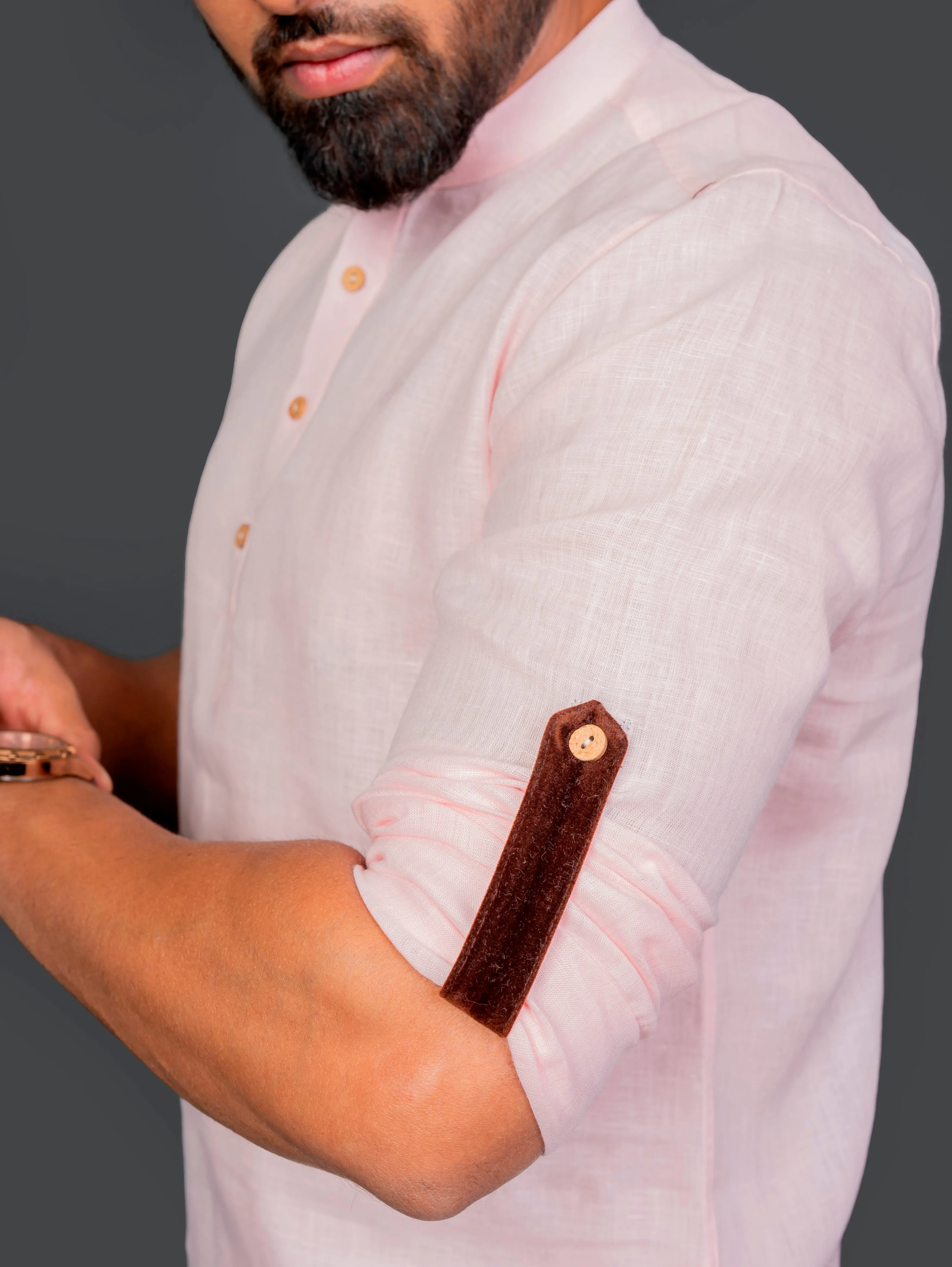 Linen Half Packet Shirt Roll Up Sleeve With Tab & Band Collar