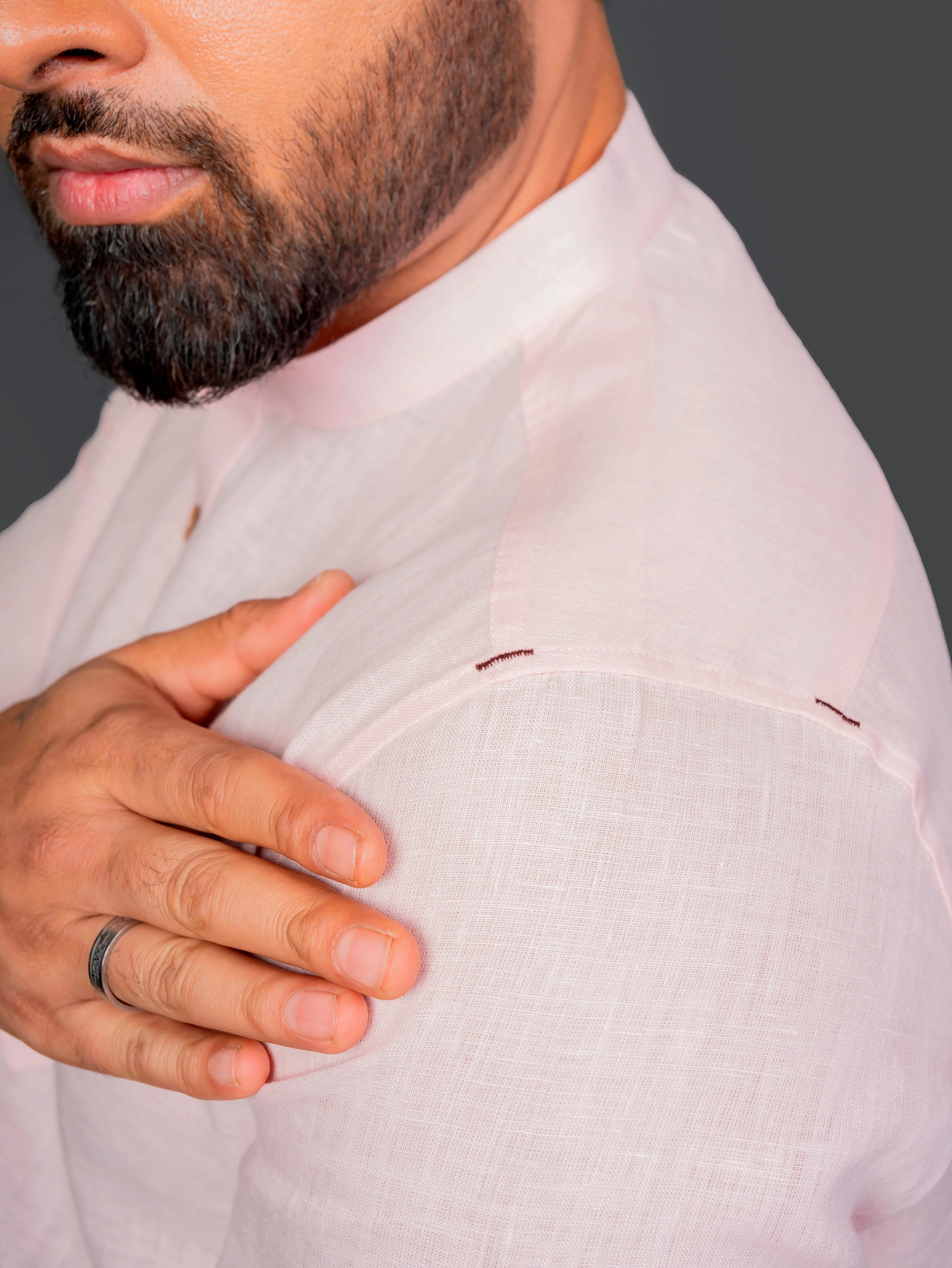 Linen Half Packet Shirt Roll Up Sleeve With Tab & Band Collar
