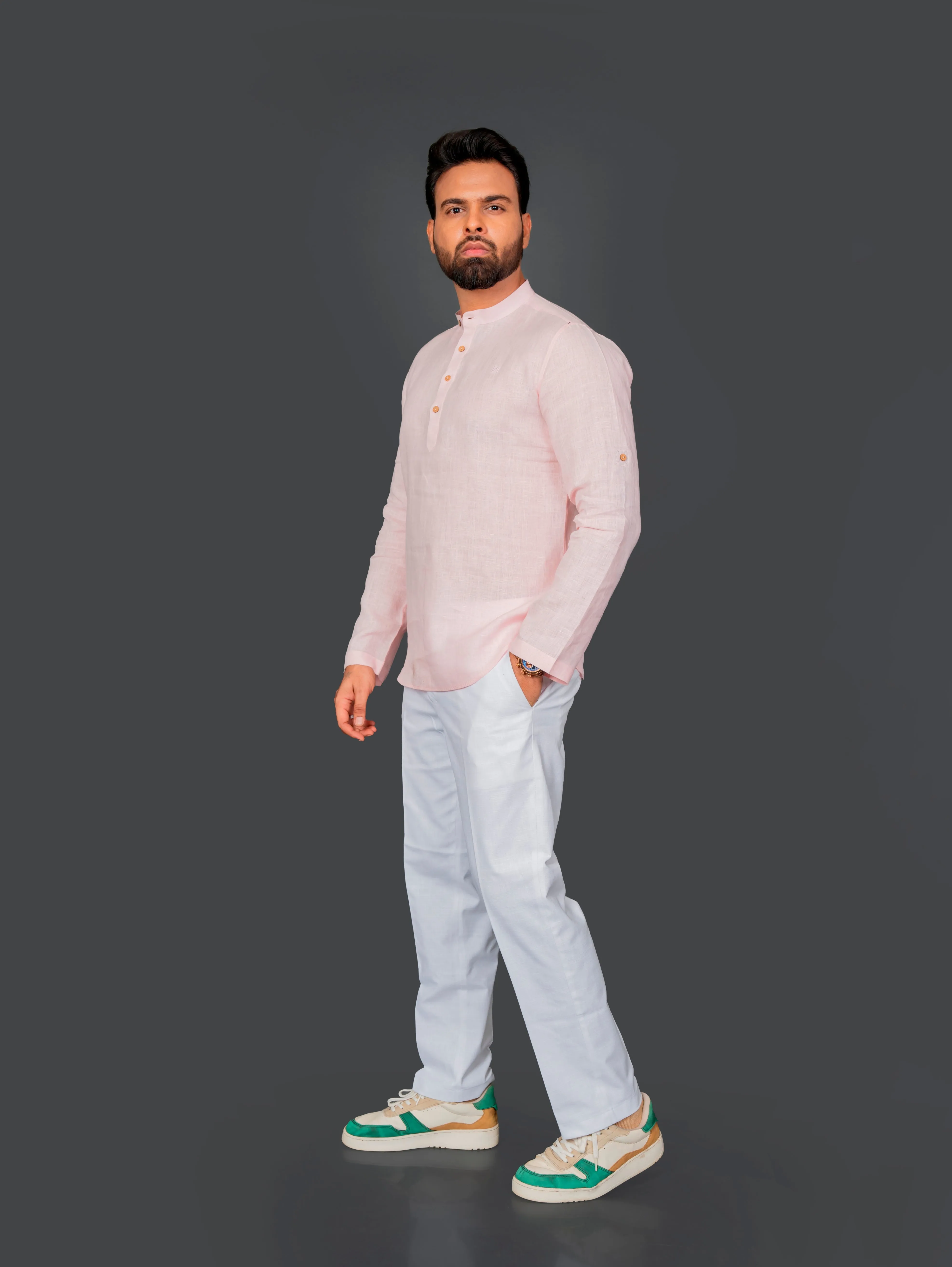 Linen Half Packet Shirt Roll Up Sleeve With Tab & Band Collar