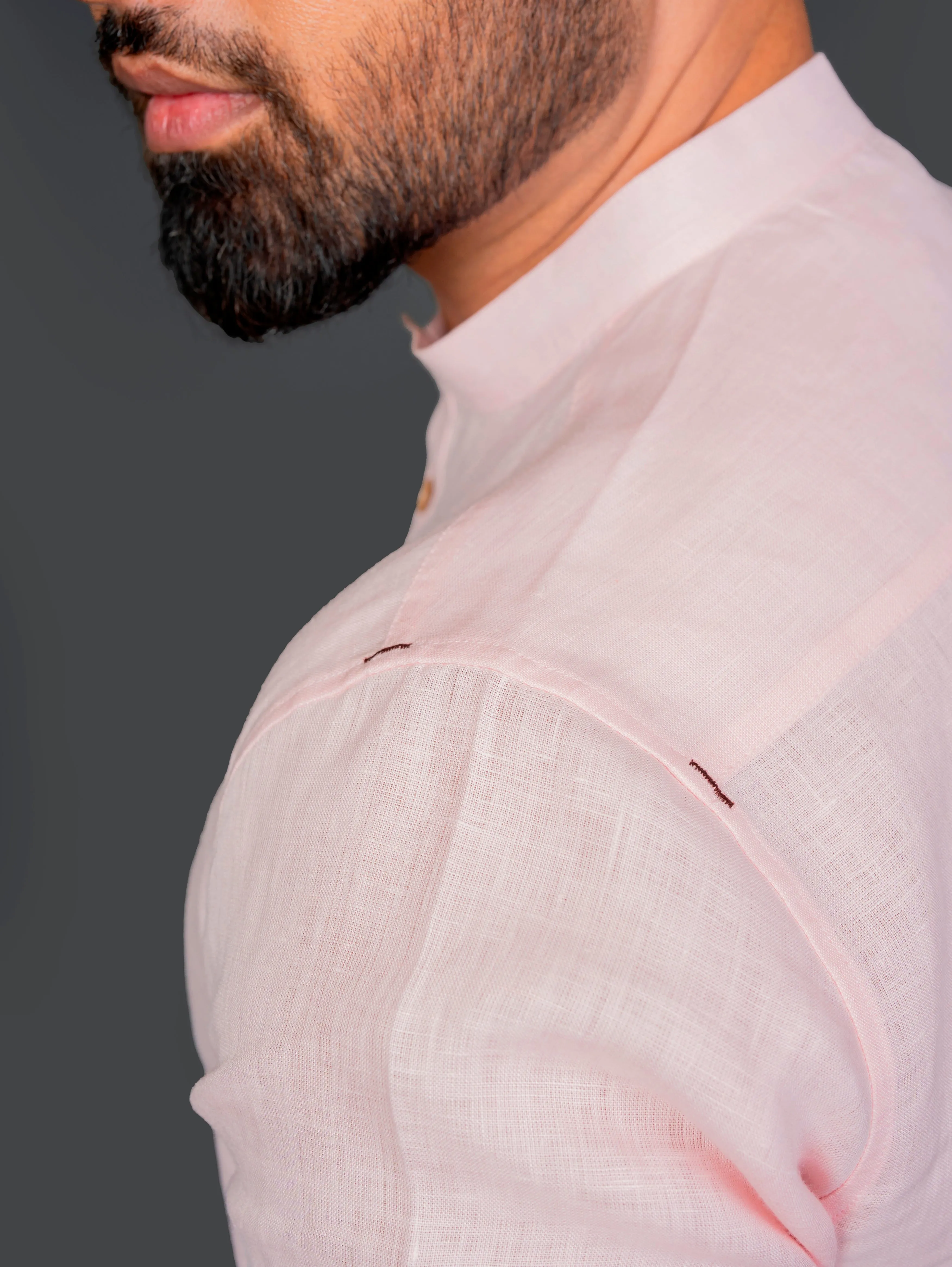 Linen Half Packet Shirt Roll Up Sleeve With Tab & Band Collar
