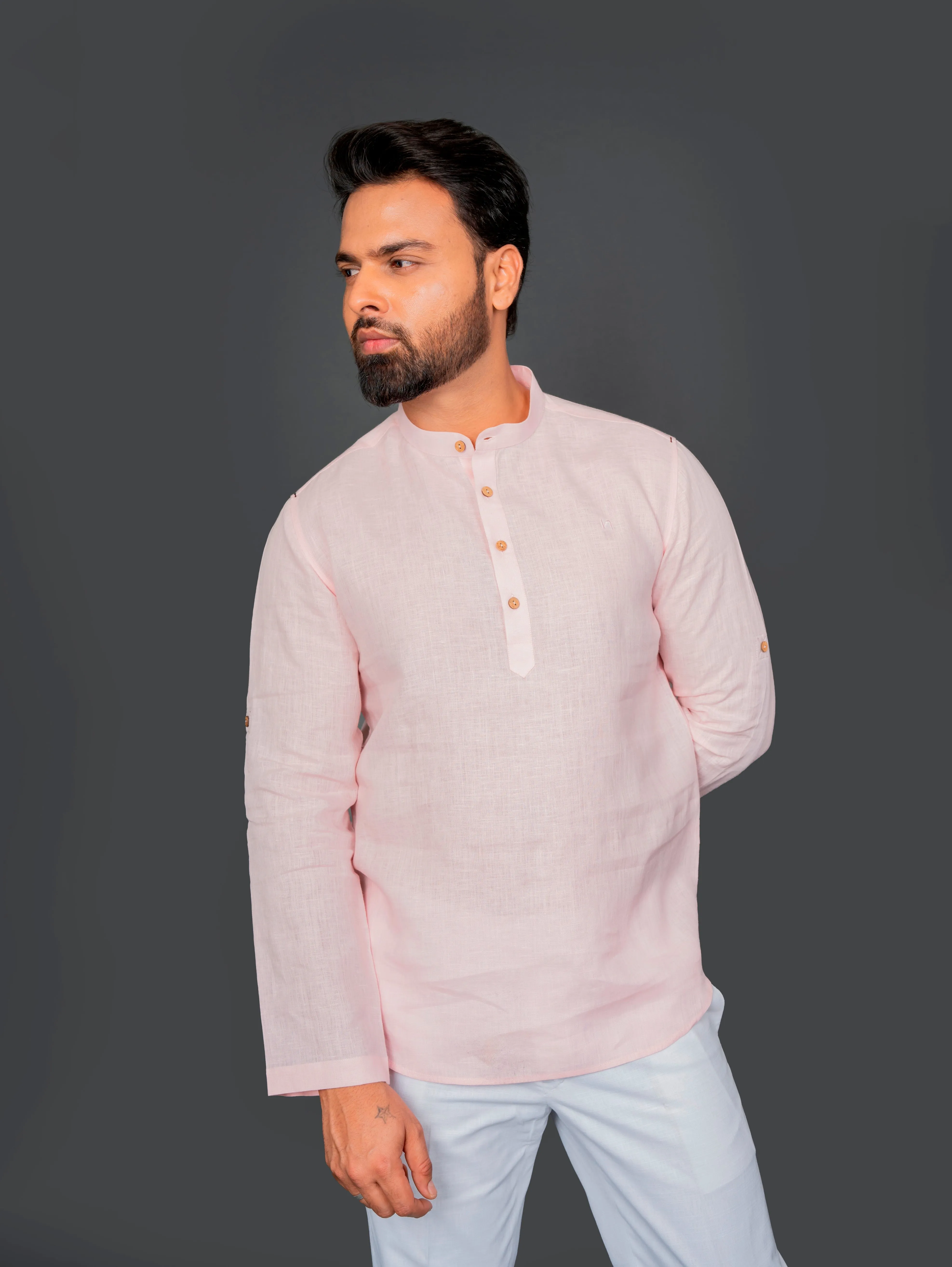 Linen Half Packet Shirt Roll Up Sleeve With Tab & Band Collar