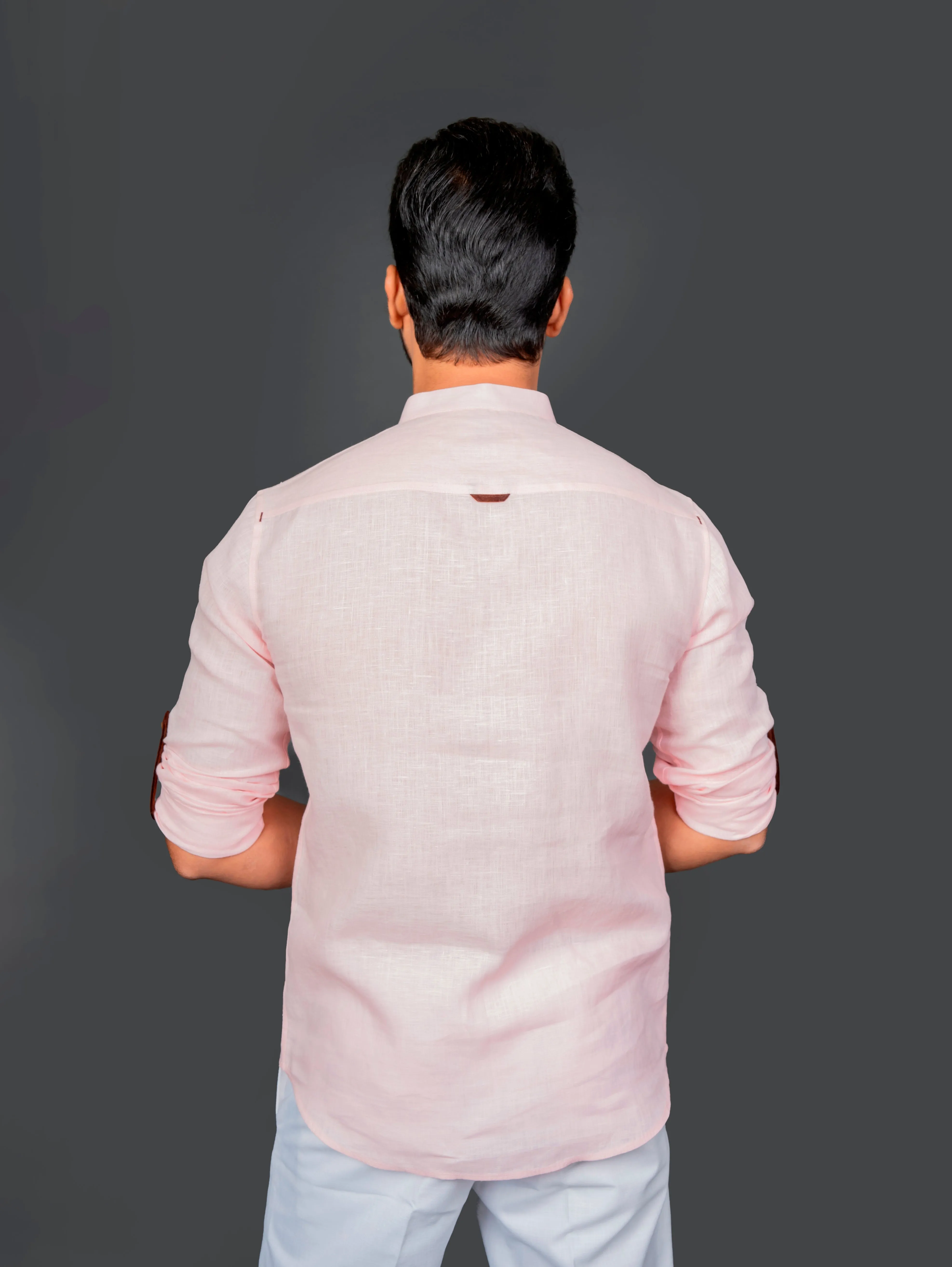 Linen Half Packet Shirt Roll Up Sleeve With Tab & Band Collar