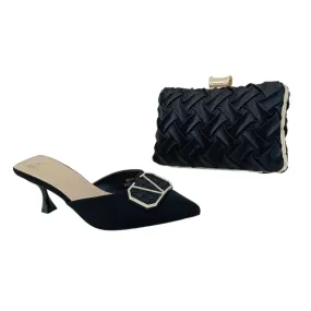 Meilee Pointed Toe Kitten Heel Mule and Satin Woven Clutch Bag Set