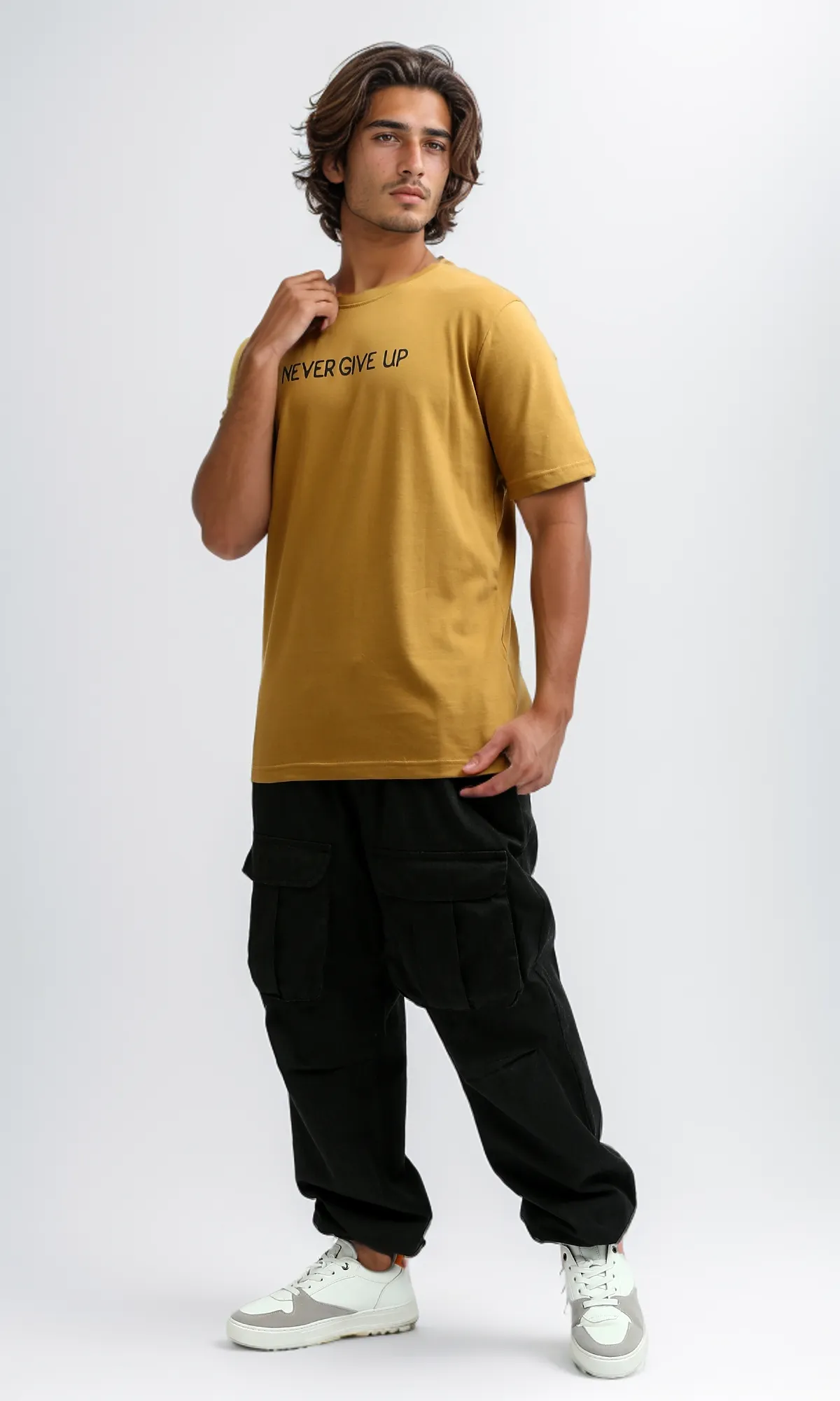 O182404 Front & Back Print Black Regular Tee - Mustard