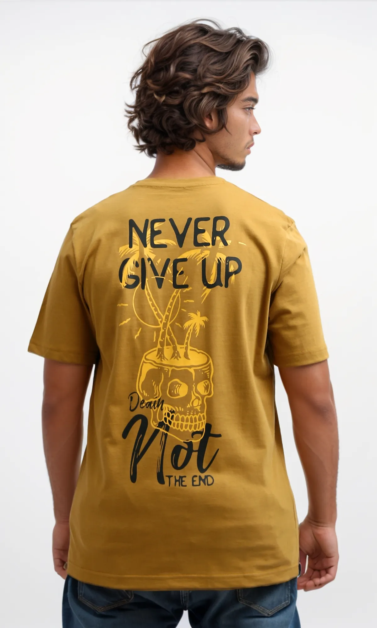 O182404 Front & Back Print Black Regular Tee - Mustard