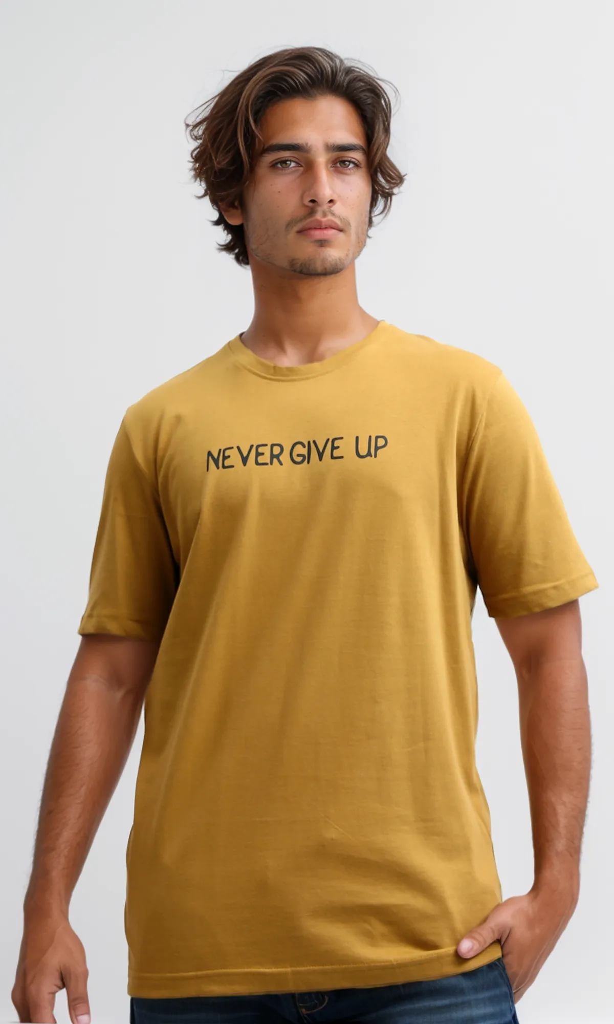 O182404 Front & Back Print Black Regular Tee - Mustard