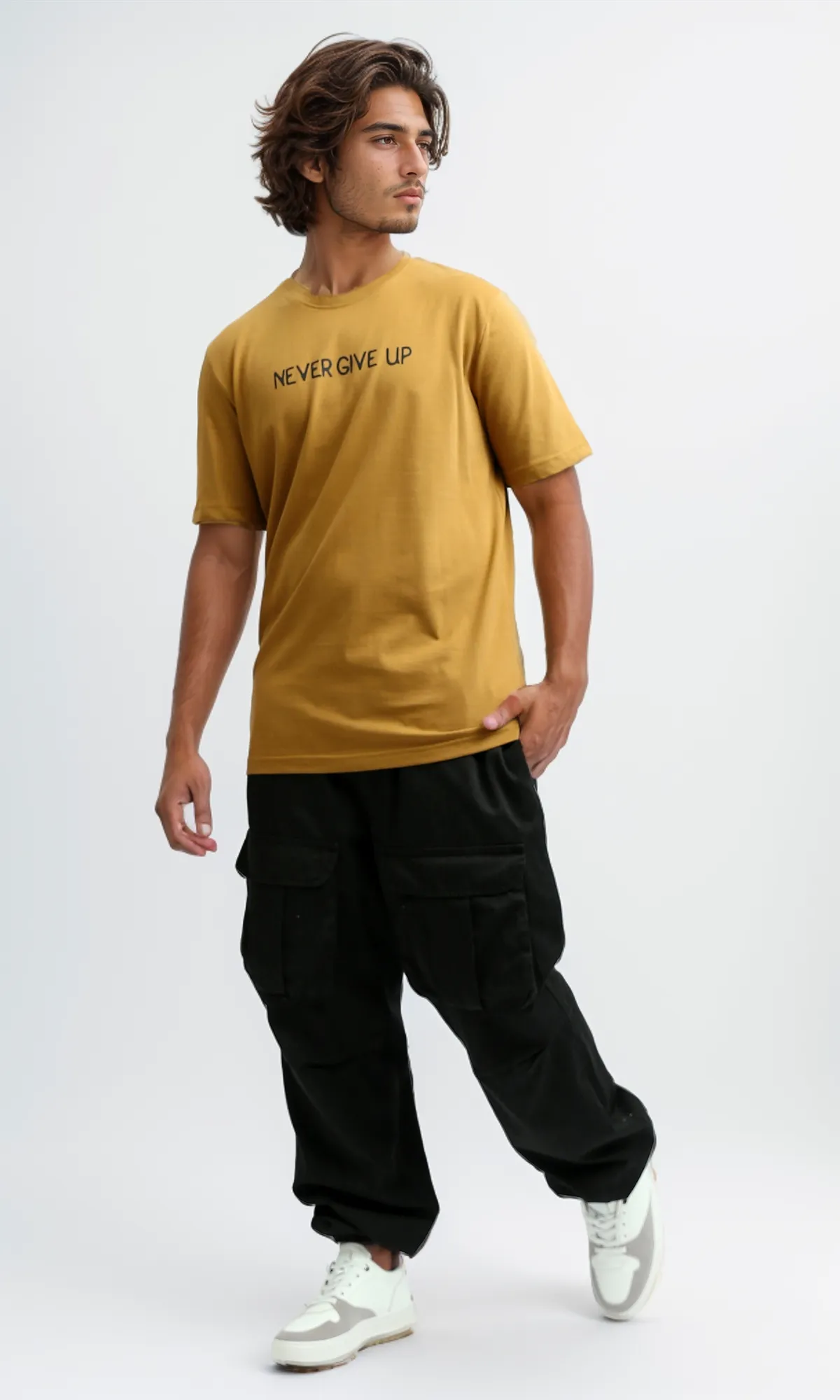 O182404 Front & Back Print Black Regular Tee - Mustard
