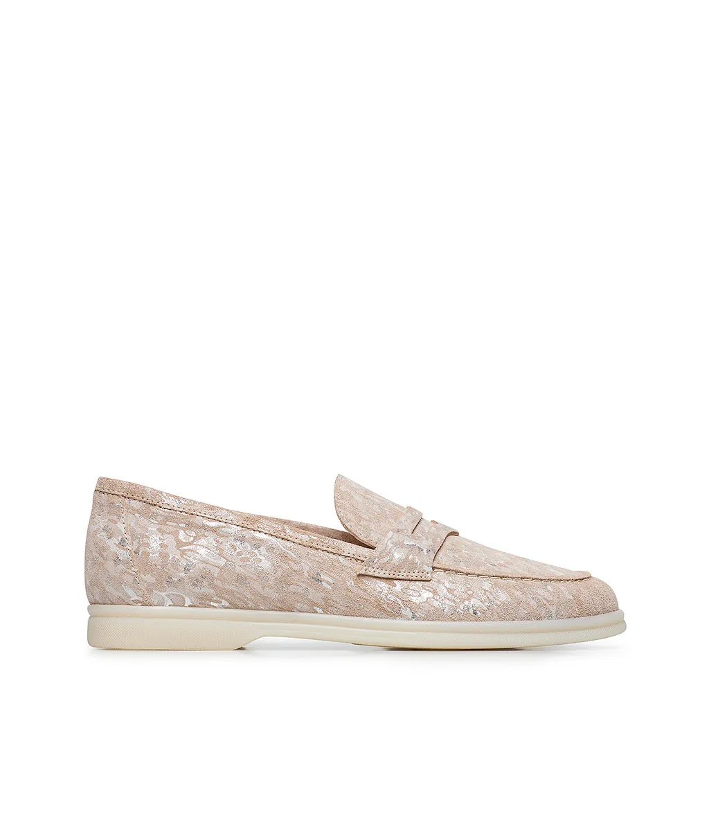 Pink and silver embossed suede loafers