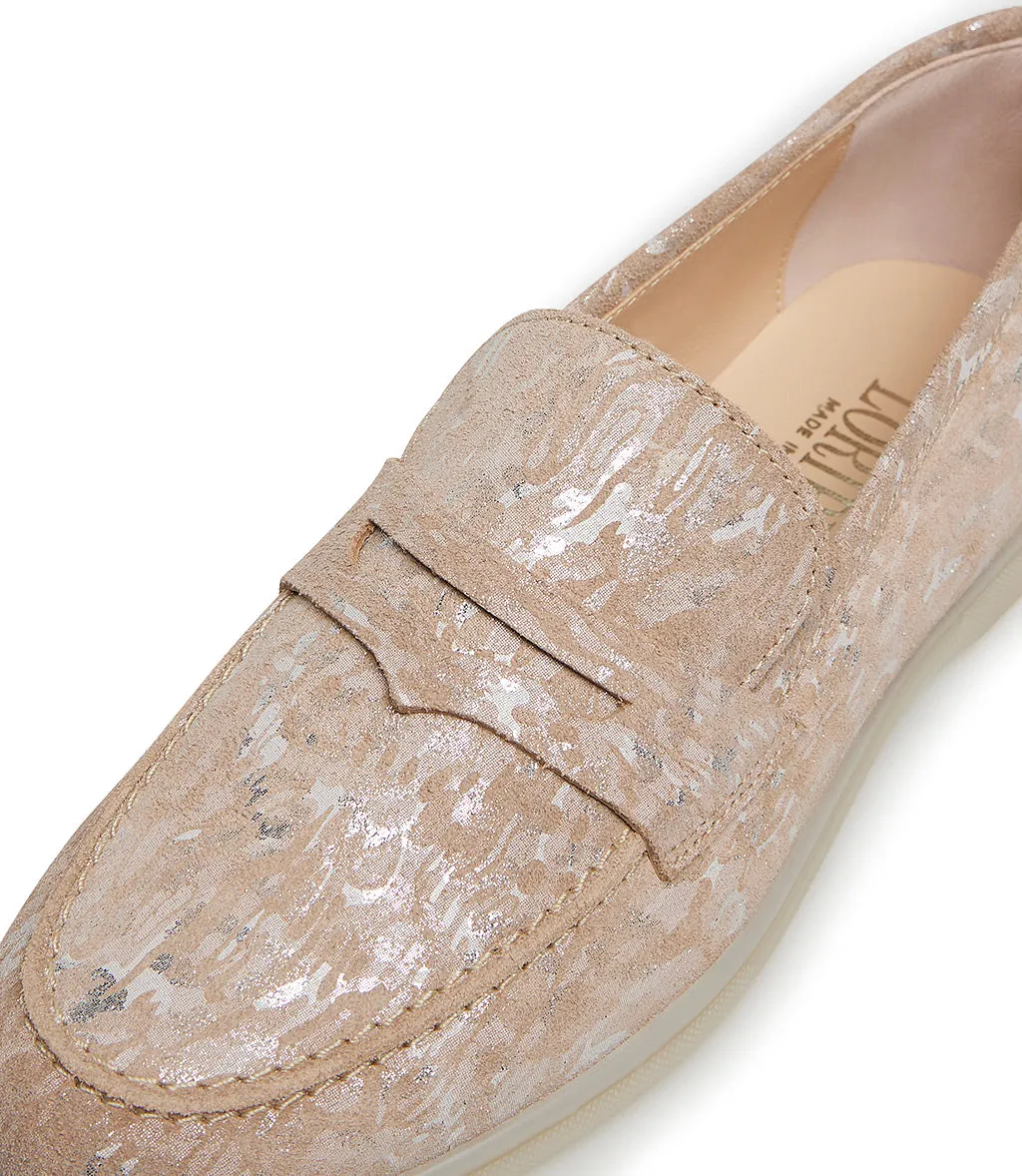 Pink and silver embossed suede loafers