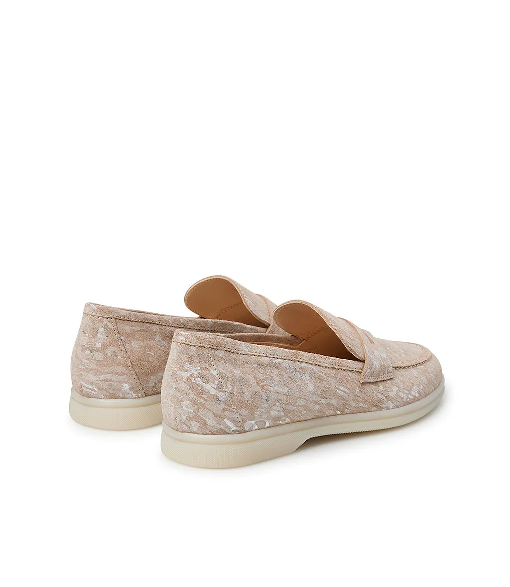Pink and silver embossed suede loafers