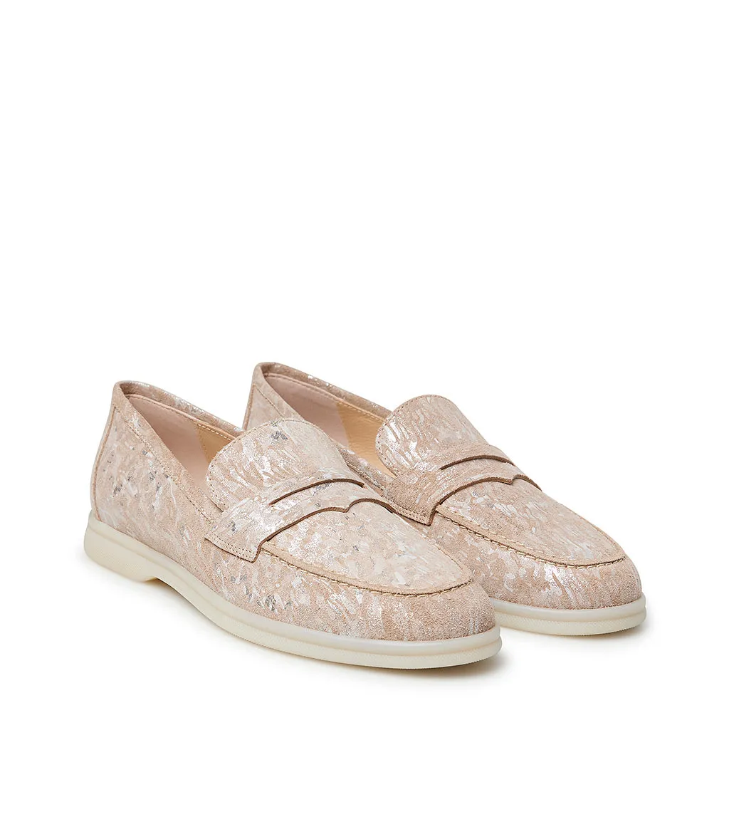 Pink and silver embossed suede loafers