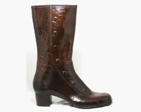 Size 5 Victorian Inspired Boots - Trompe L'Oeil Faux Buttons - Reptile Print Brown Rubber 60s Shoes - Fleecy Lining - Unworn NOS Deadstock