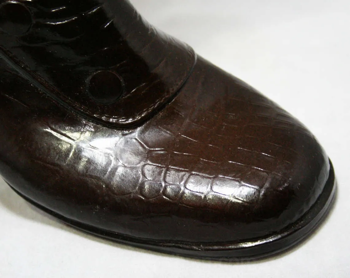 Size 5 Victorian Inspired Boots - Trompe L'Oeil Faux Buttons - Reptile Print Brown Rubber 60s Shoes - Fleecy Lining - Unworn NOS Deadstock