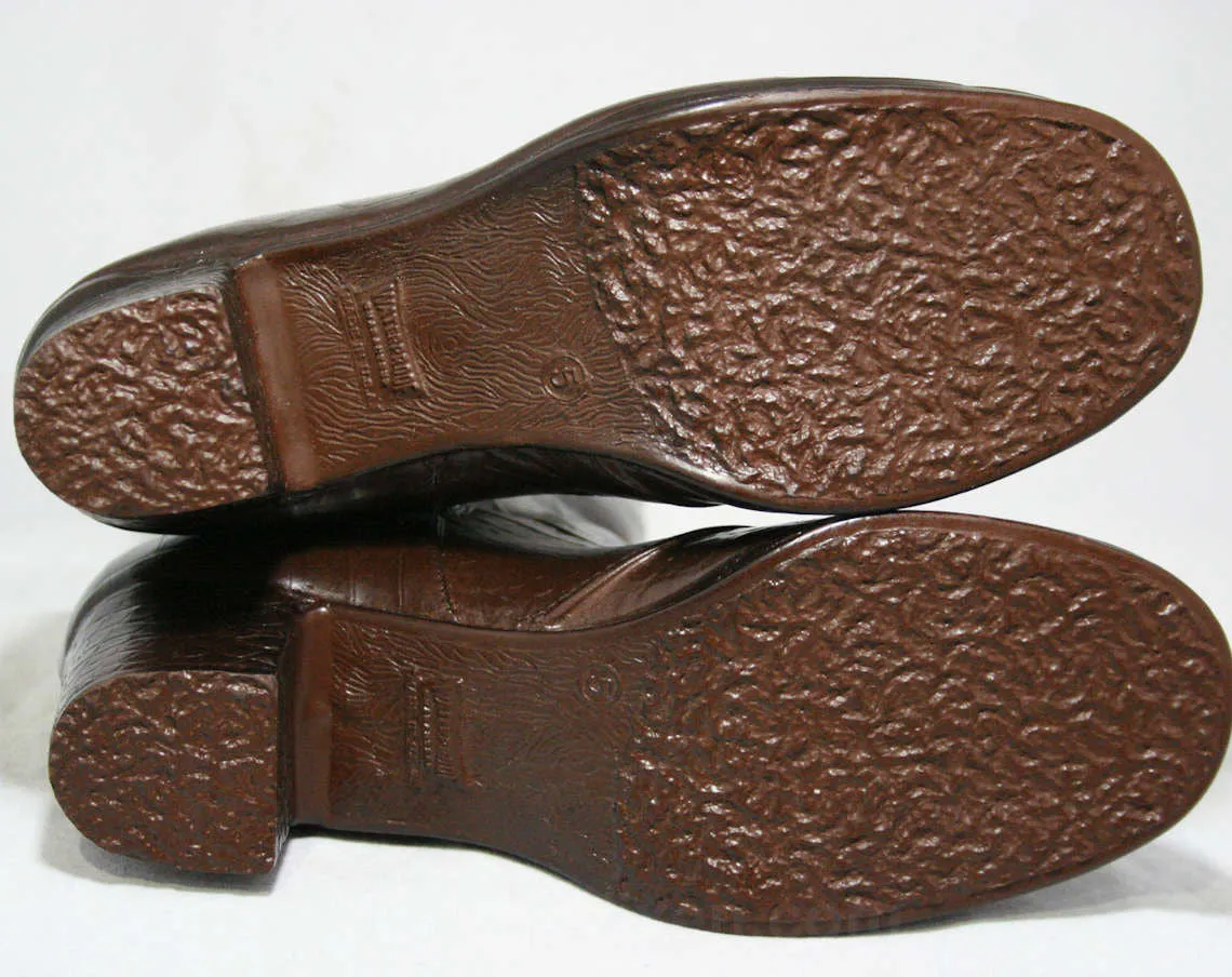 Size 5 Victorian Inspired Boots - Trompe L'Oeil Faux Buttons - Reptile Print Brown Rubber 60s Shoes - Fleecy Lining - Unworn NOS Deadstock