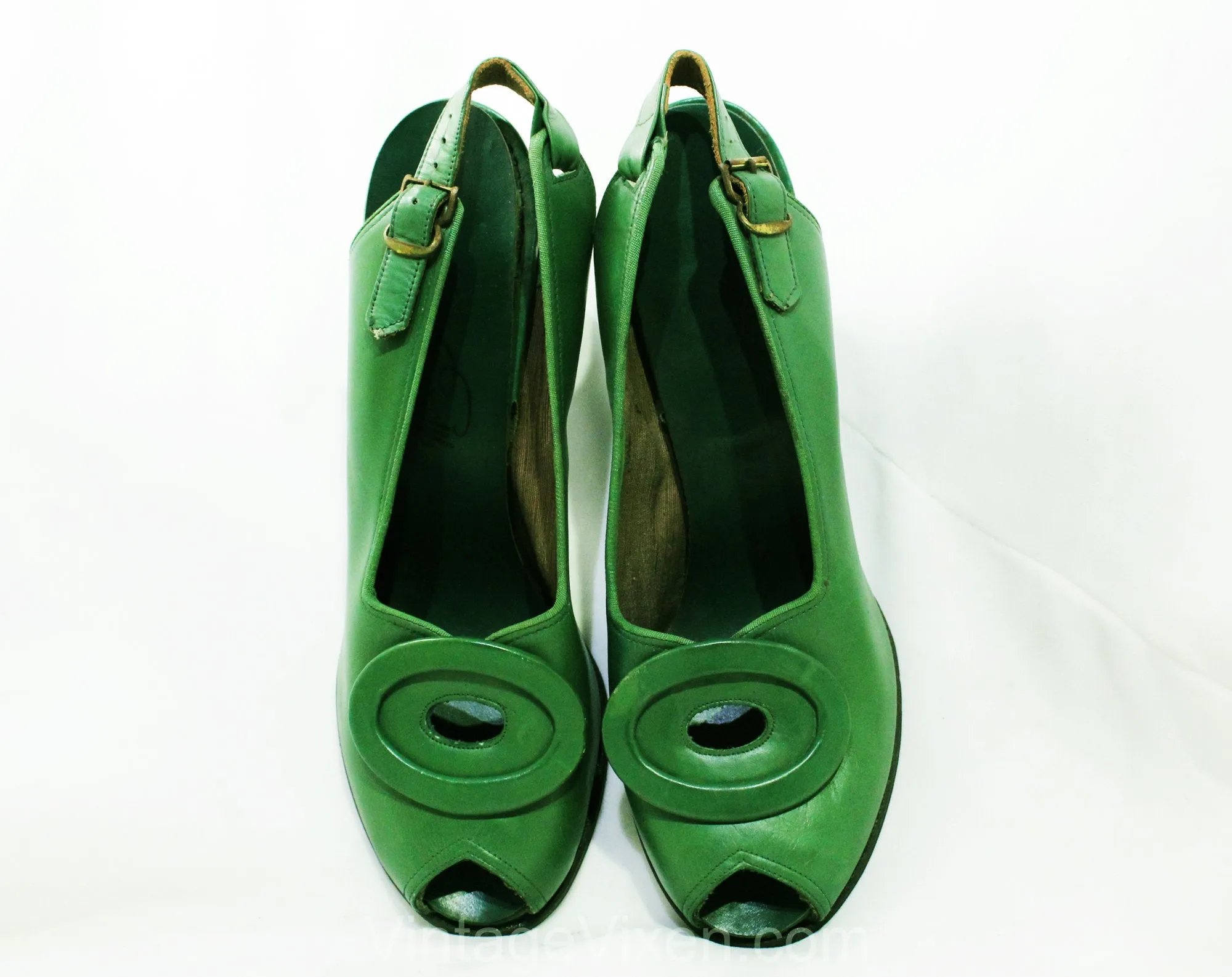 Size 6 1940s Green Shoes - Art Deco Style Open Toe Leather Pumps - 30s 40s Jungle Snake Hue Heels with Ovals - WWII Era 40's NOS Deadstock
