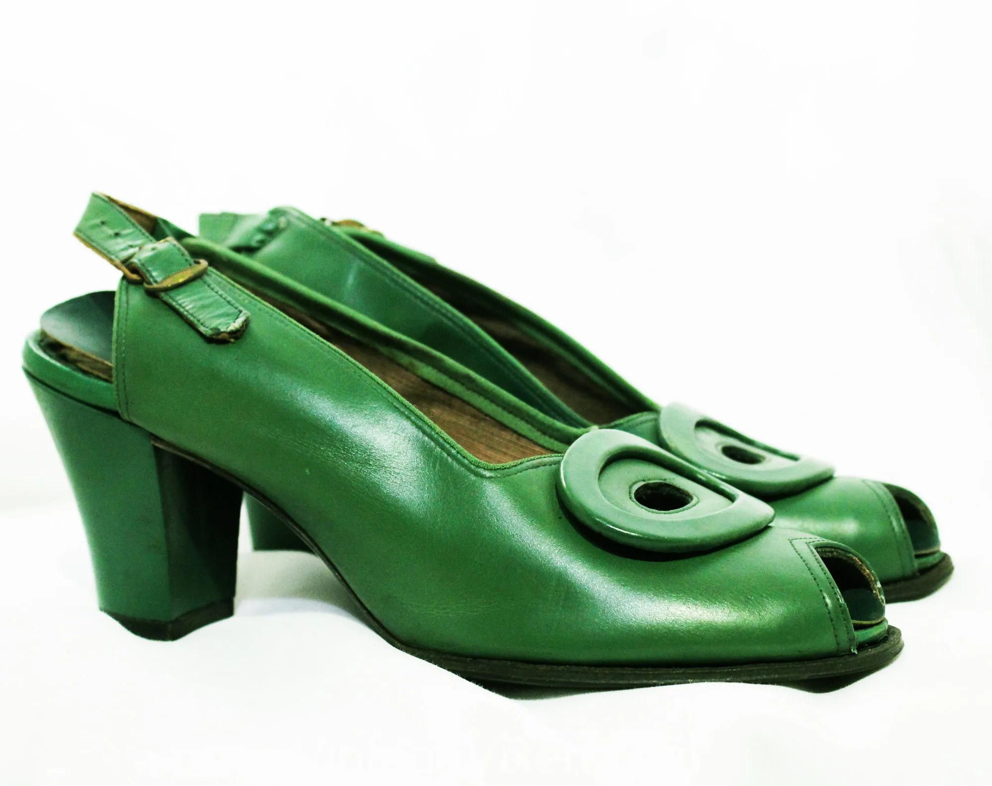 Size 6 1940s Green Shoes - Art Deco Style Open Toe Leather Pumps - 30s 40s Jungle Snake Hue Heels with Ovals - WWII Era 40's NOS Deadstock