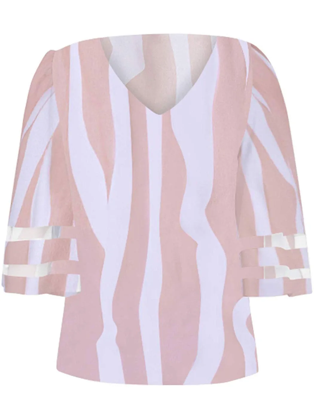 V-neck Trumpet Sleeve Striped Print Shirt