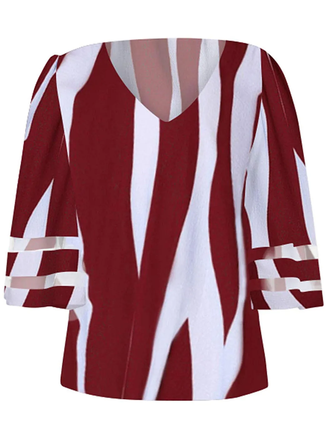V-neck Trumpet Sleeve Striped Print Shirt